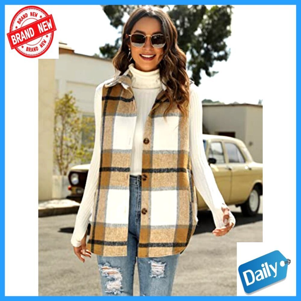Flannel Plaid Vest Sleeveless Button Down Shirt Jacket with Pockets - Picture 3 of 7